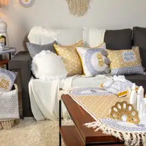 Ramadan Decorative Cushions with Mustard and Grey Minaret Motifs – “مآذن” Collection